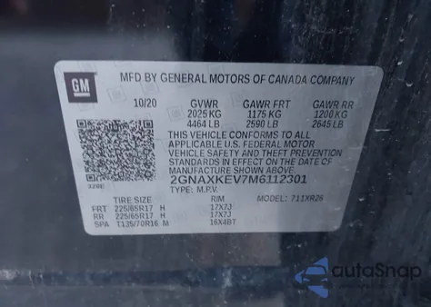 2021 Chevrolet Equinox Fwd Lt z USA, uszkodzony, nr VIN 2GNAXKEV7M6112301